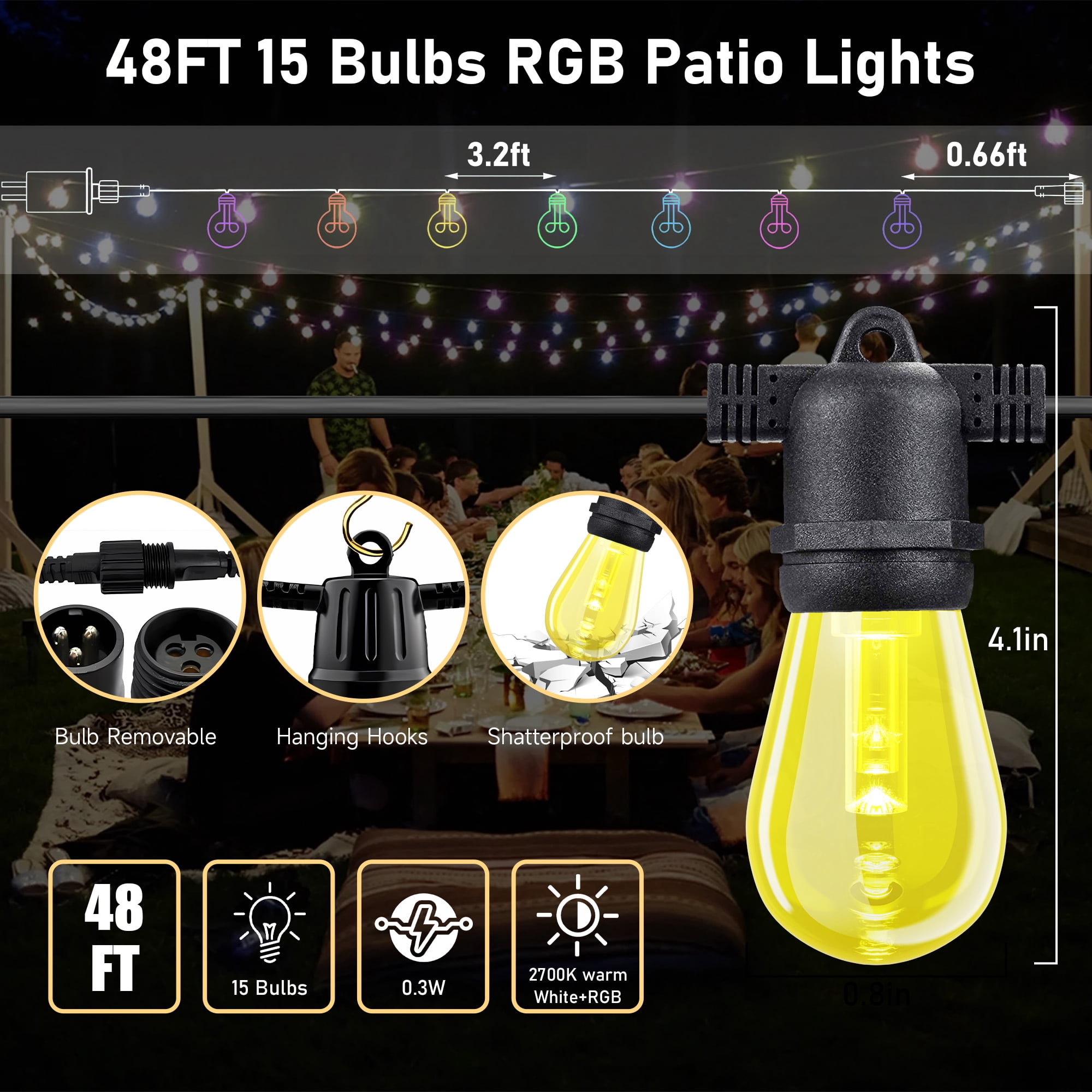 DAYBETTER Outdoor String Lights, 48FT Smart RGBIC Patio Lights, 15 Shatterproof Bulbs, Remote & App Control, for Garden Christmas Decor
