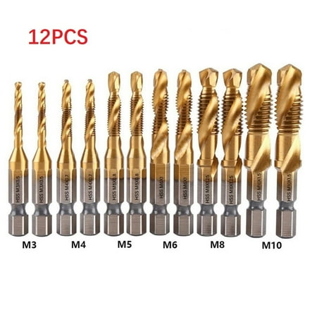

BAMILL 12pcs Titanium Plated Hex Shank HSS Screw Thread Metric Tap Drill Compound tap