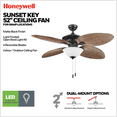 thumbnail image 2 of Honeywell Sunset Key 52" Black Indoor/Outdoor Ceiling Fan with Light, Pull Chains & Reversible Motor, 2 of 17