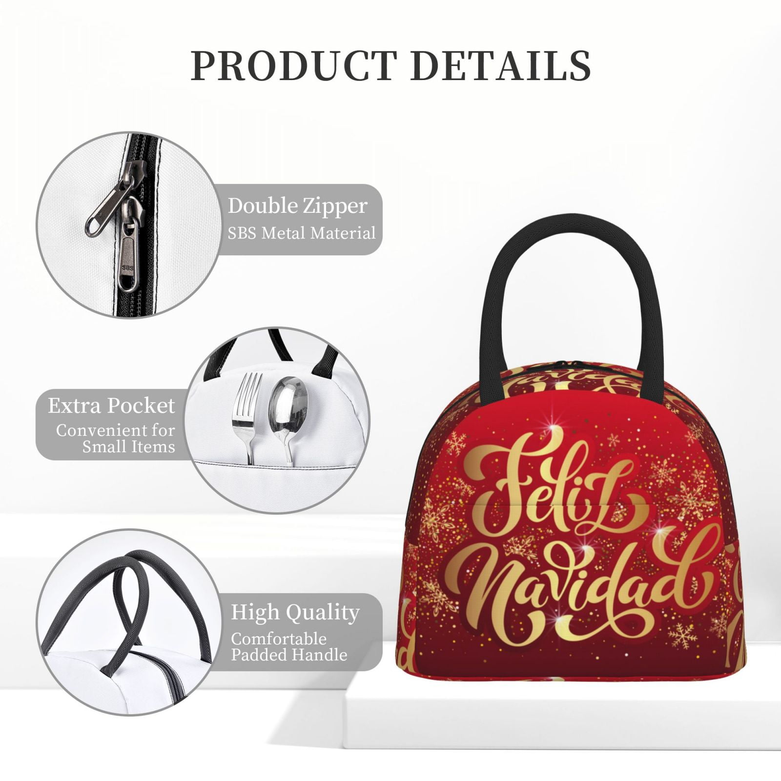 Horeoi Merry Christmas Pattern Large Insulated Lunch Bag for Work, School, Picnic - Waterproof, Durable Oxford Cloth, Comfortable Handle-Black