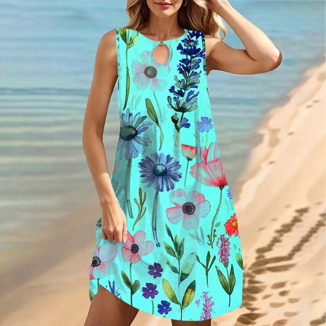 FcBaudy Robe Sans Manches Col Rond, Robes d'Été pour Femmes, Robes pour Femmes Col Rond Sans Manches Dégradé Teinture sur Nœuds Robe de Plage Robe pour Femmes