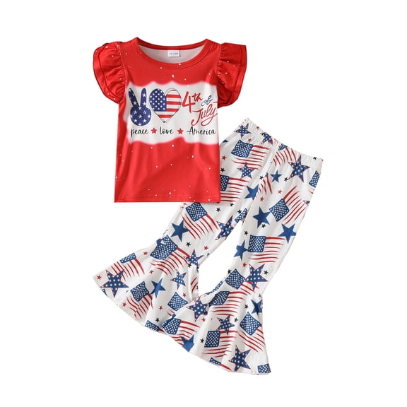 Hirigin 4th of July Baby Girl Outfits 18M 2T 3T 4T 5T 6T Ruffles Fly Sleeve T-Shirts Stripe Stars Flag Print Flare Pants 2Pcs Clothes Set