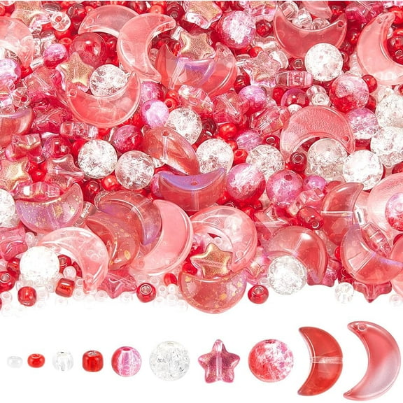 1 BOX about 1700 PCS Red Star Bracelet Making Kit Glass Star and Moon Beads Bulk Resin Cute Round Transparent Spacer Loose Seed Beads Kit for Jewelry Making Bracelet Beading Kits DIY Crafts
