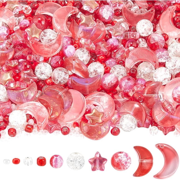 1 Box 1700+PCS Red Star Bracelet Making Kit Glass Star and Moon Beads Bulk Resin Cute Round Transparent Spacer Loose Seed Beads Kit for Jewelry Making Bracelet Beading Kits DIY Crafts