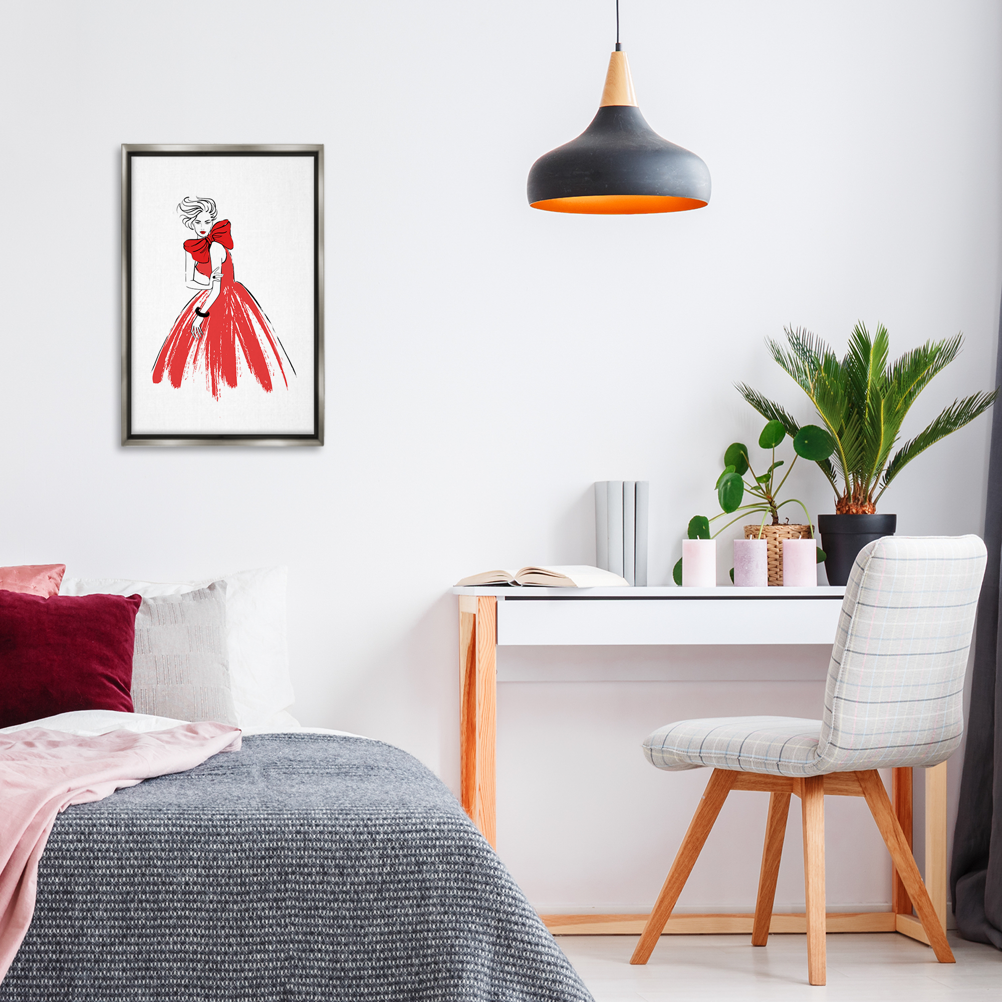 Stupell Industries Lady & Red Bow Dress Novelty Painting Gray Floater Framed Art Print Wall Art, 17 x 25