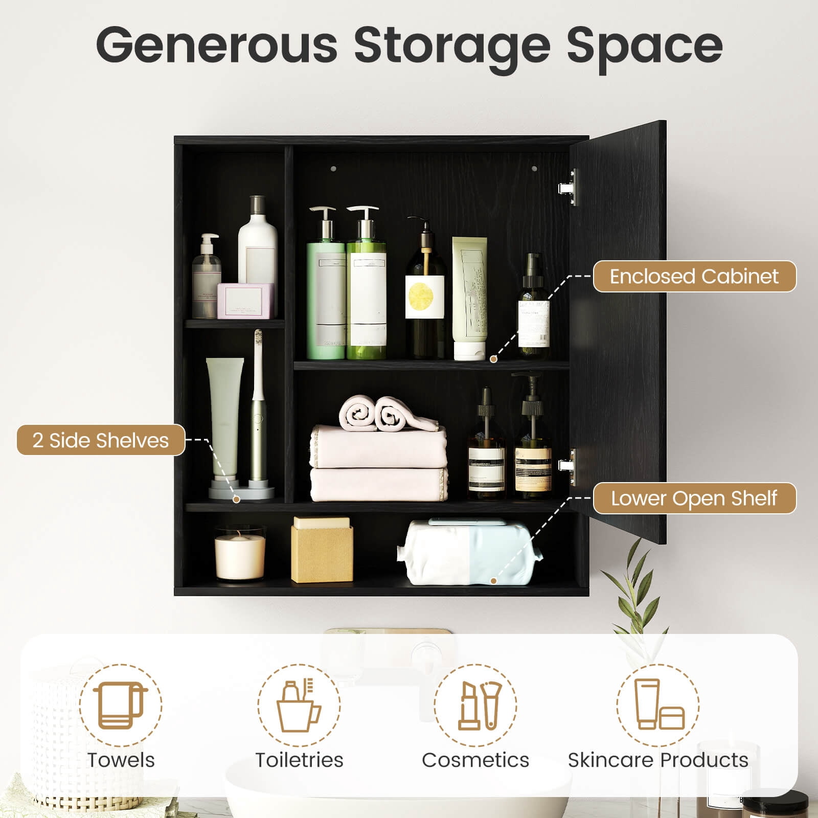 Costway Bathroom Wall Cabinet with Mirror, Single Door, 3 Open Shelves & Adjustable Shelf Black