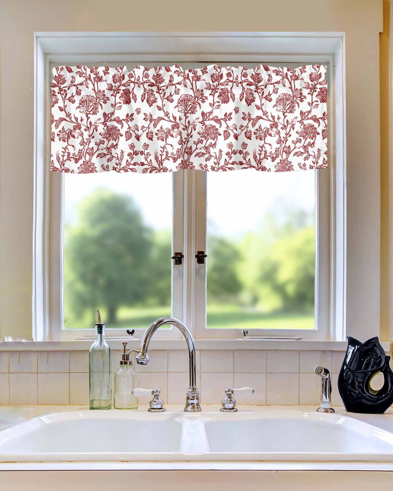 Red Pastoral Flower Curtain Valances for Kitchen Windows,Rod Pocket Short Valance Vintage Rustic Farmhouse Floral Window Treatment for Living Room Bathroom Bedroom,54" x 18"-1 Panel