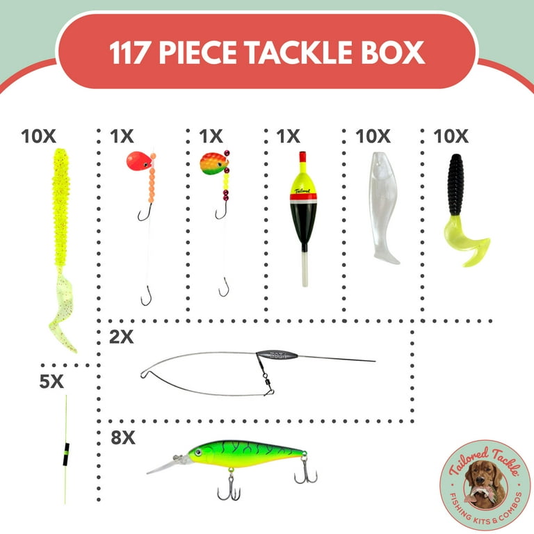 Tailored Tackle Walleye Fishing Kit 117 Pc Tackle Box with Tackle Included, Crankbait Swimbait Grub Walleye Fishing Lures