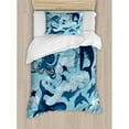thumbnail image 3 of Shark Queen Size Duvet Cover Set, Inhabitants of Ocean Sharks Whales Dolphins Octopus Jellyfish Starfish with Waves Image, Decorative 3 Piece Bedding Set with 2 Pillow Shams, Blue, by Ambesonne, 3 of 3