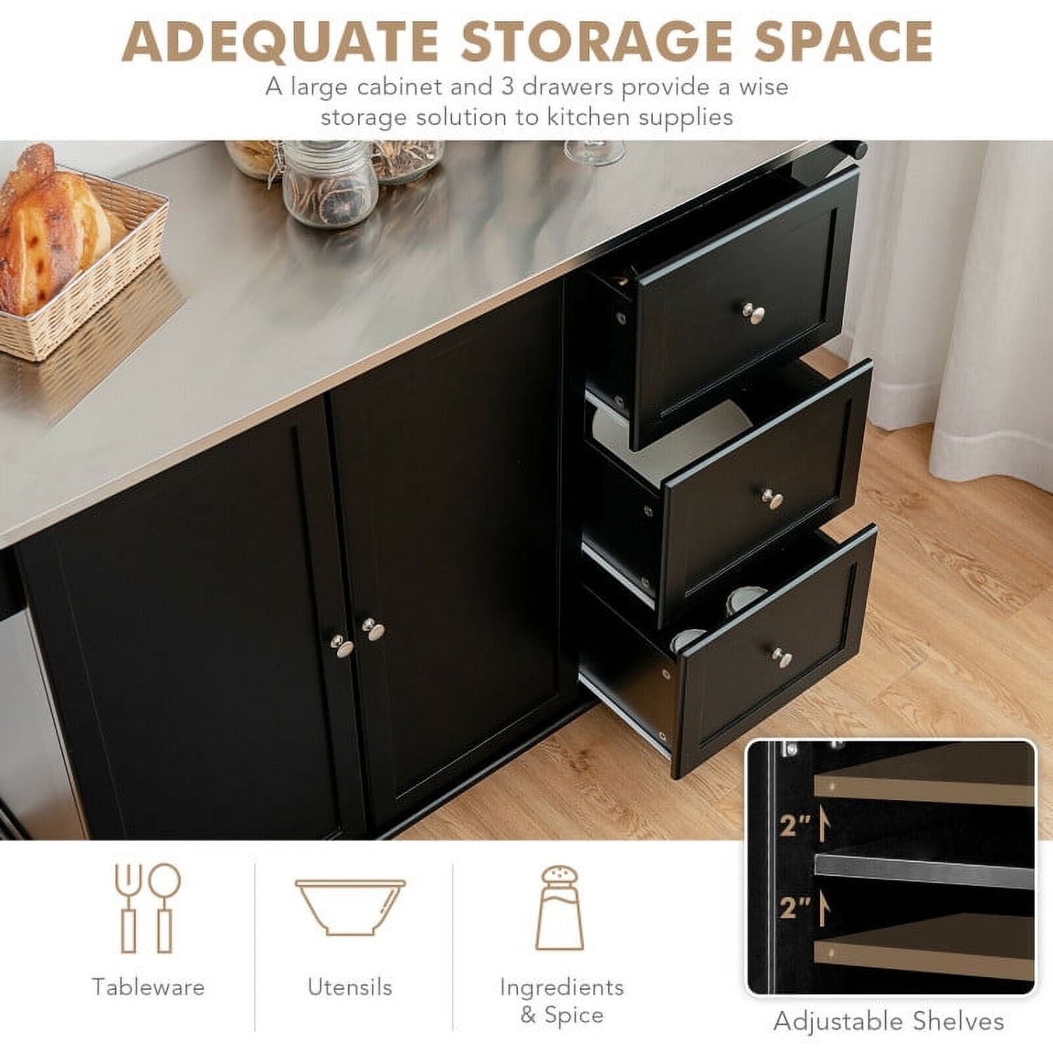 Finihen Rolling Storage Cabinet Cart, Kitchen Island Cart, Kitchen Island 2-Door Storage Cabinet with Drawers and Stainless Steel Top, for Kitchen, Dining Room, Black Finihen Rolling Storage Cabinet Cart, Kitchen Island Cart, Kitchen Island 2-Door Storage Cabinet with Drawers and Stainless Steel Top, for Kitchen, Dining Room, Black
