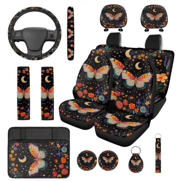 KUIFORTI Butterfly Flower 14 Pcs Seat Covers for Car Auto Center Console Armrest Pad Steering Wheel Cover Wristlet Keychain Car Interior Automotive Fits Most Cars, Sedans, SUVs