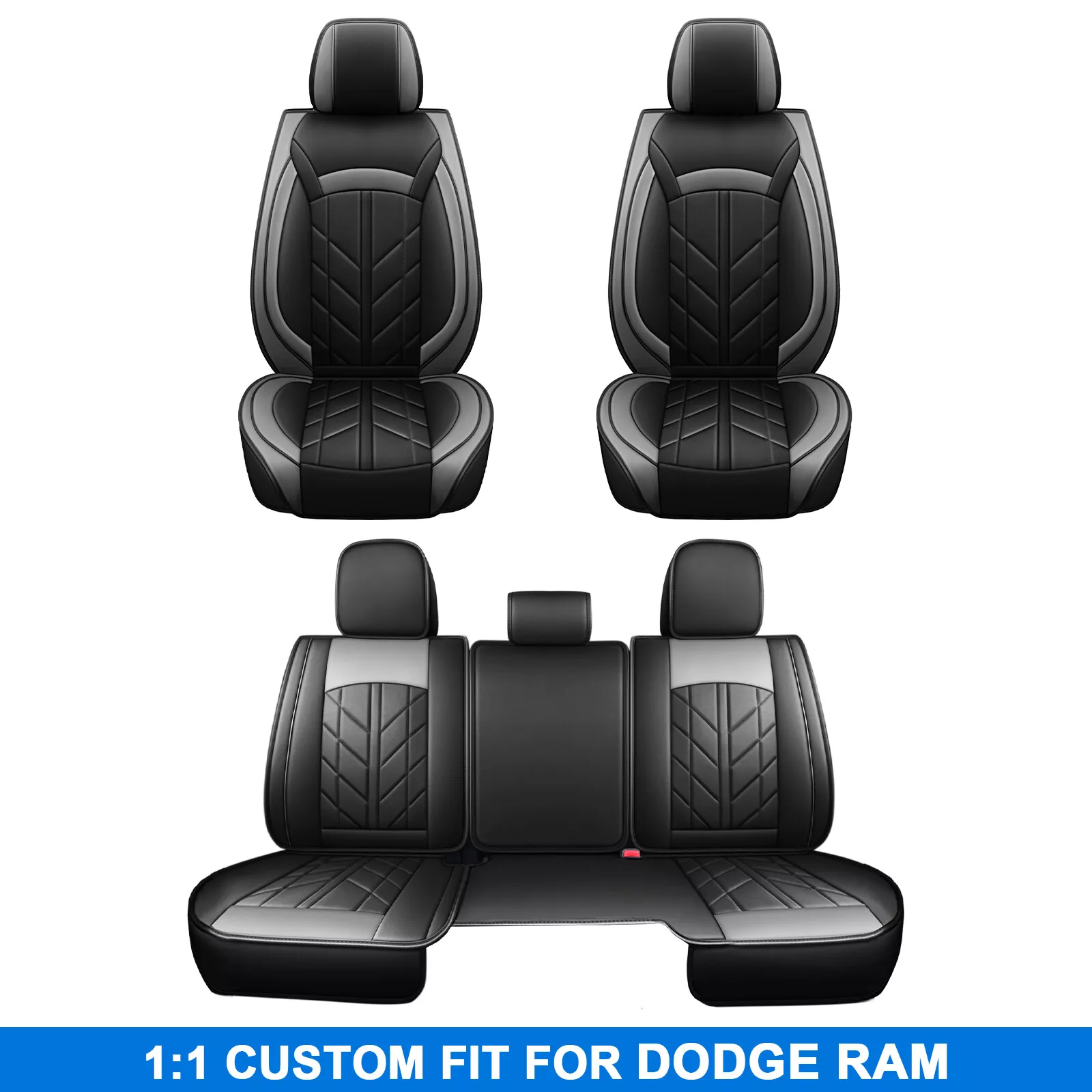 Car Seat Covers Custom Fit for Dodge Ram 1500 2500 3500 2009-2023, Waterproof PU Leather Full Set Pickup Cushion Protector Black Gray