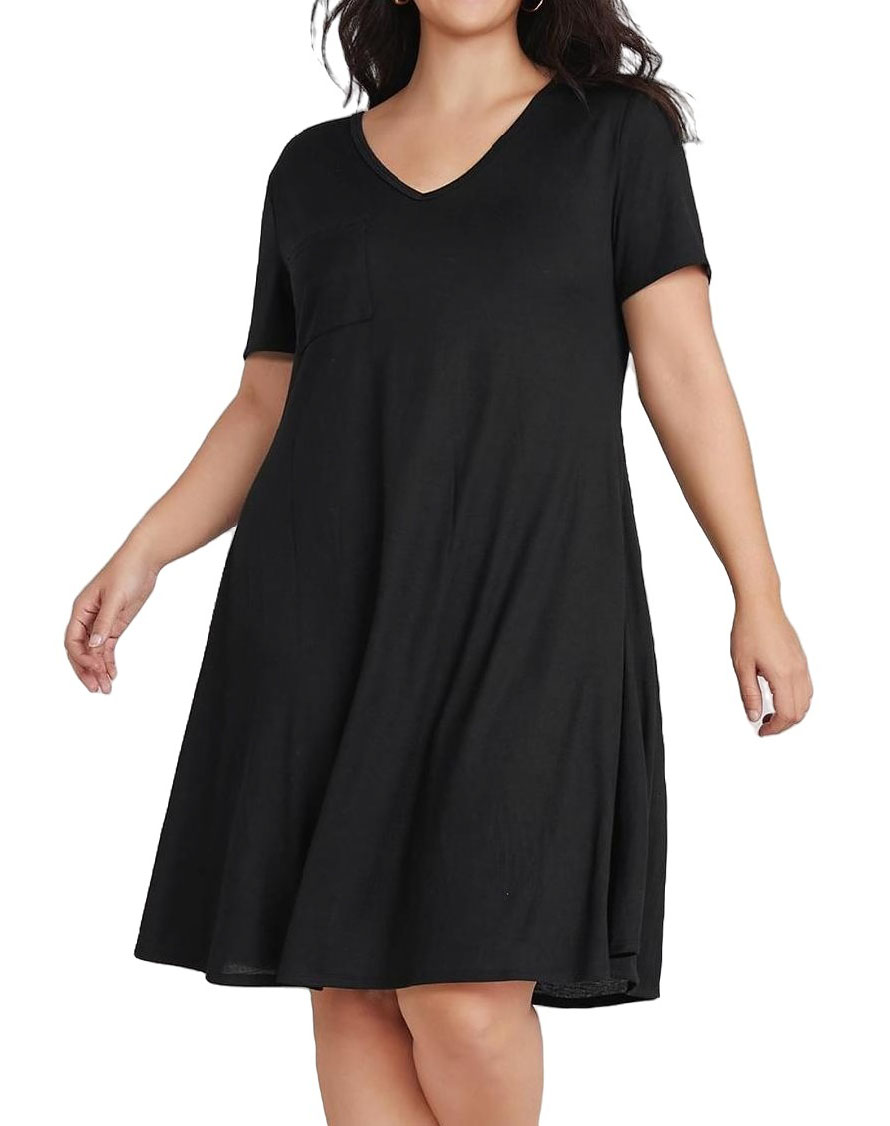 Womens Plus Size Dresses Casual Plain V neck Tee Dress Black 4XL