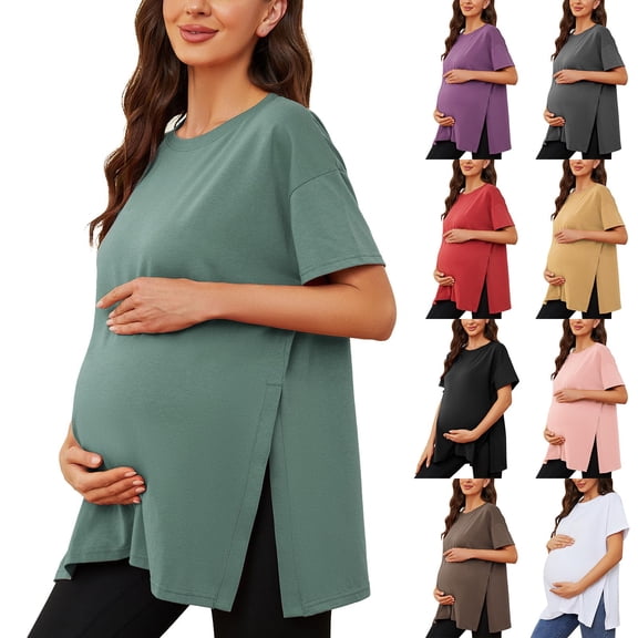 T Shirts for Women Helii Casual Plus Size Breathable Soft Short Sleeve Crewneck T Shirts Loose Fit Split Side Shirts Maternity Pregnancy Tops (Green L)