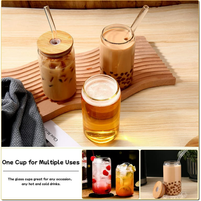 AJARAERA 16 oz Glass Cups with Lids and Straws,Beer Glasses,Iced Coffee Cup, Glass Cups,Glass Cup Set of 12
