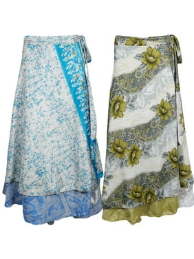 Mogul Boho Chic Printed Silk Sari Reversible Wrap Around Skirts