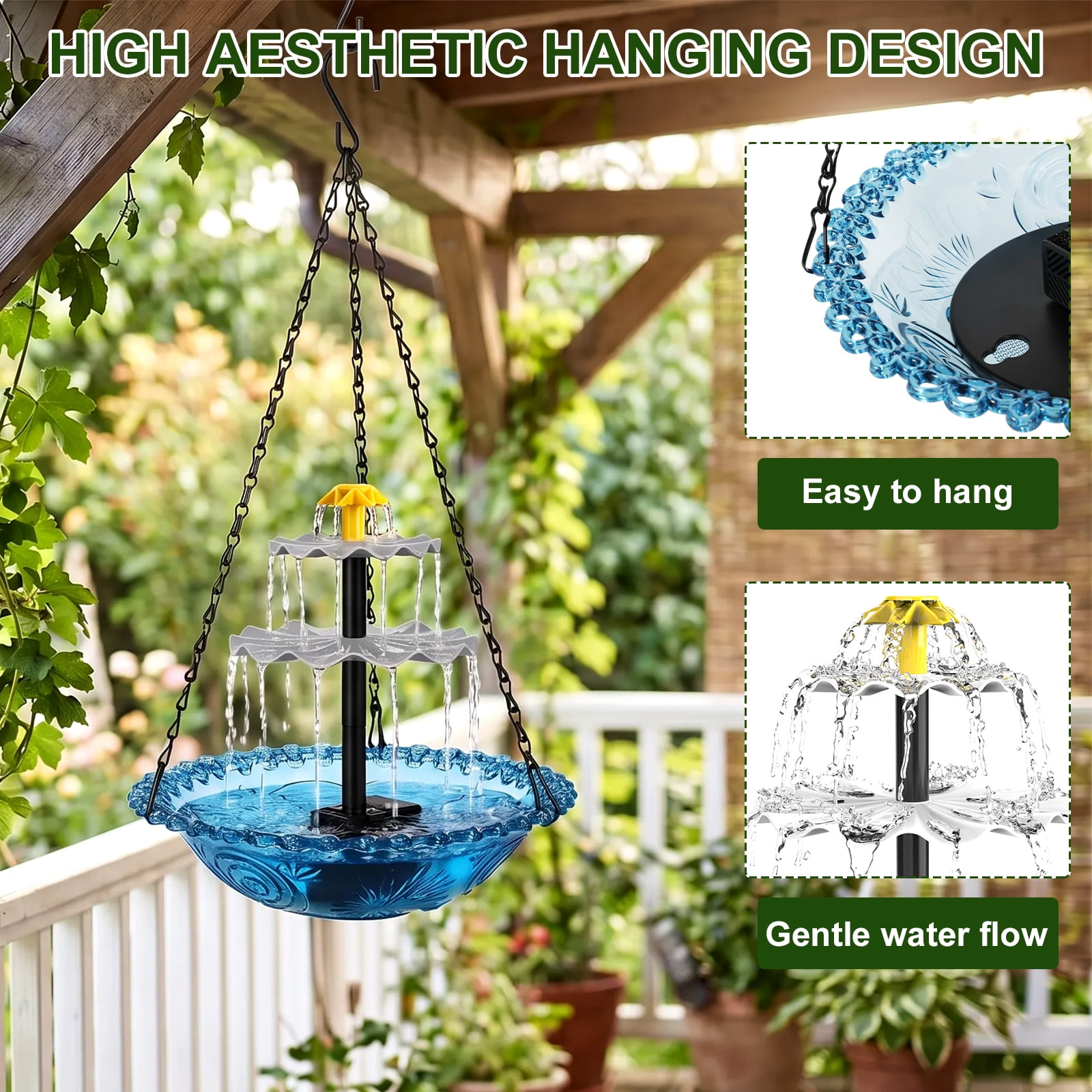 Threns Hanging Solar Bird Bath Fountain Solar Power Outdoor Water Fountain Hanging with Flowing Water Decorative Garden Yard Patio Bird Bath Fountains