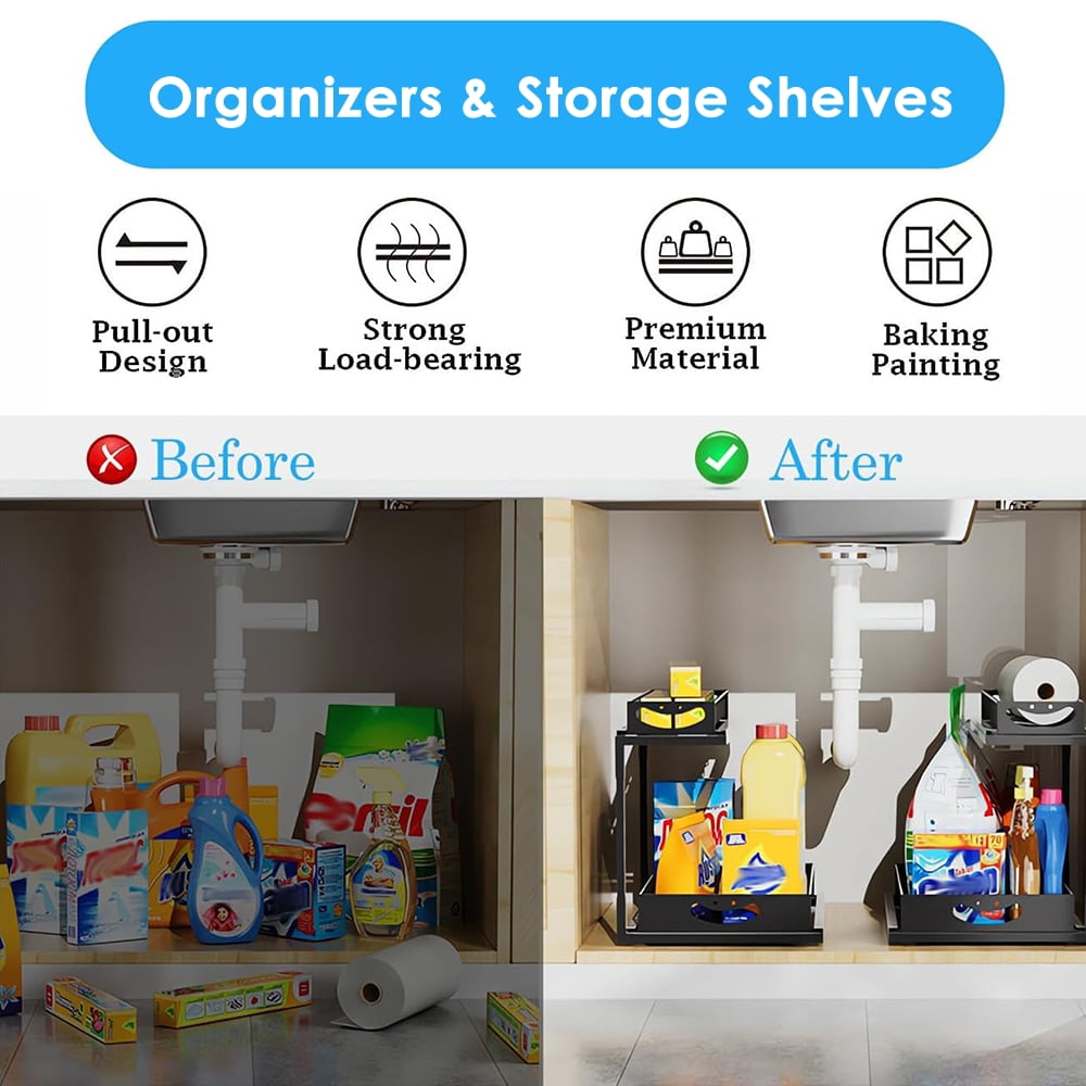 XMZHOU 2 Tiers Kitchen Pull Out Counter Sliding Drawer Shelf, Bathroom Under Sink Organizer, Sturdy And Solid Cabinet Storage For Kitchen Bathroom Home, Black