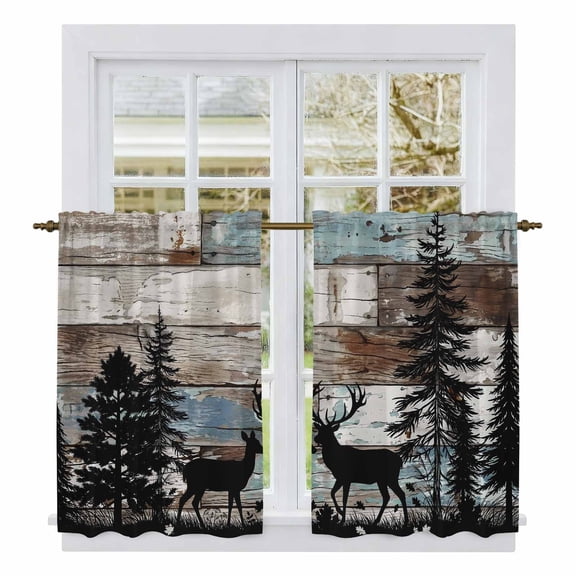 Teal Brown Deer Silhouettes Kitchen Curtains 45 Inch Length, Trees Wooden Retro Farmhouse Tiers Curtains for Bathroom Bedroom Cafe, Light Filtering Small Window Treatment Drapes 2 Panels 42"Wx45"L