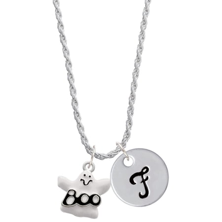 Delight Jewelry Silvertone BOO Ghost Silvertone Script Initial Disc - F - Charm Necklace, 20"+3"