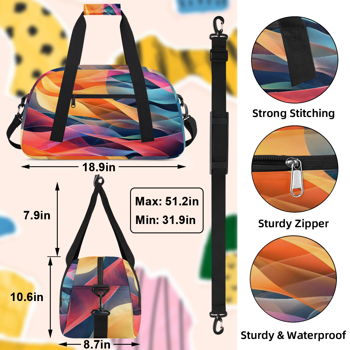 Herdesigns Sports Duffle Bags Travel Duffle Bag Gym Bag Modern Stripe Abstract Weekender Travel Bag Waterproof Overnight Bag Carry On Travel Tote Bag Dance Bags