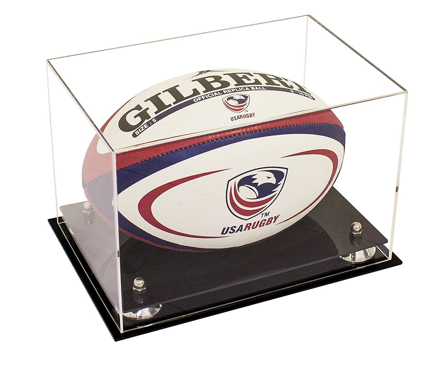 Deluxe Clear Acrylic Rugby Ball Display Case with Silver Risers (A004