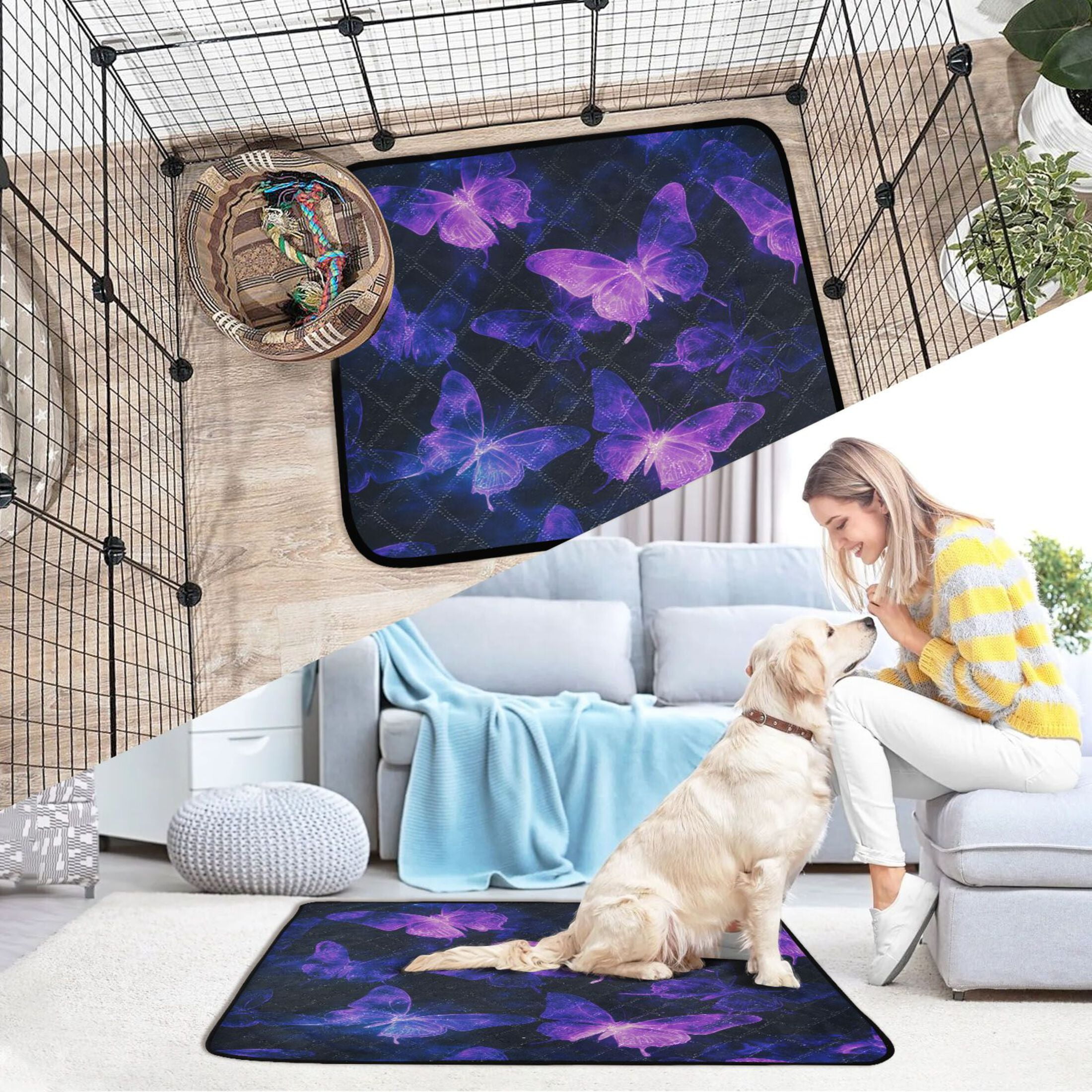 Washable Pet Pee Pads with Super Absorbent Reusable Training Pads for Dogs & Cats Purple Glowing Butterflies