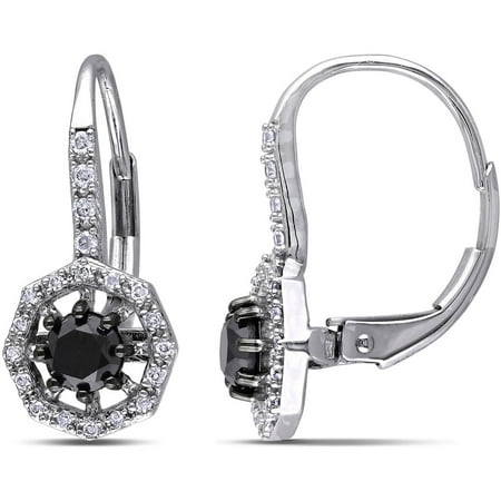 3/4 Carat T.W. Black and White Diamond 10kt White Gold Leverback Halo Earrings