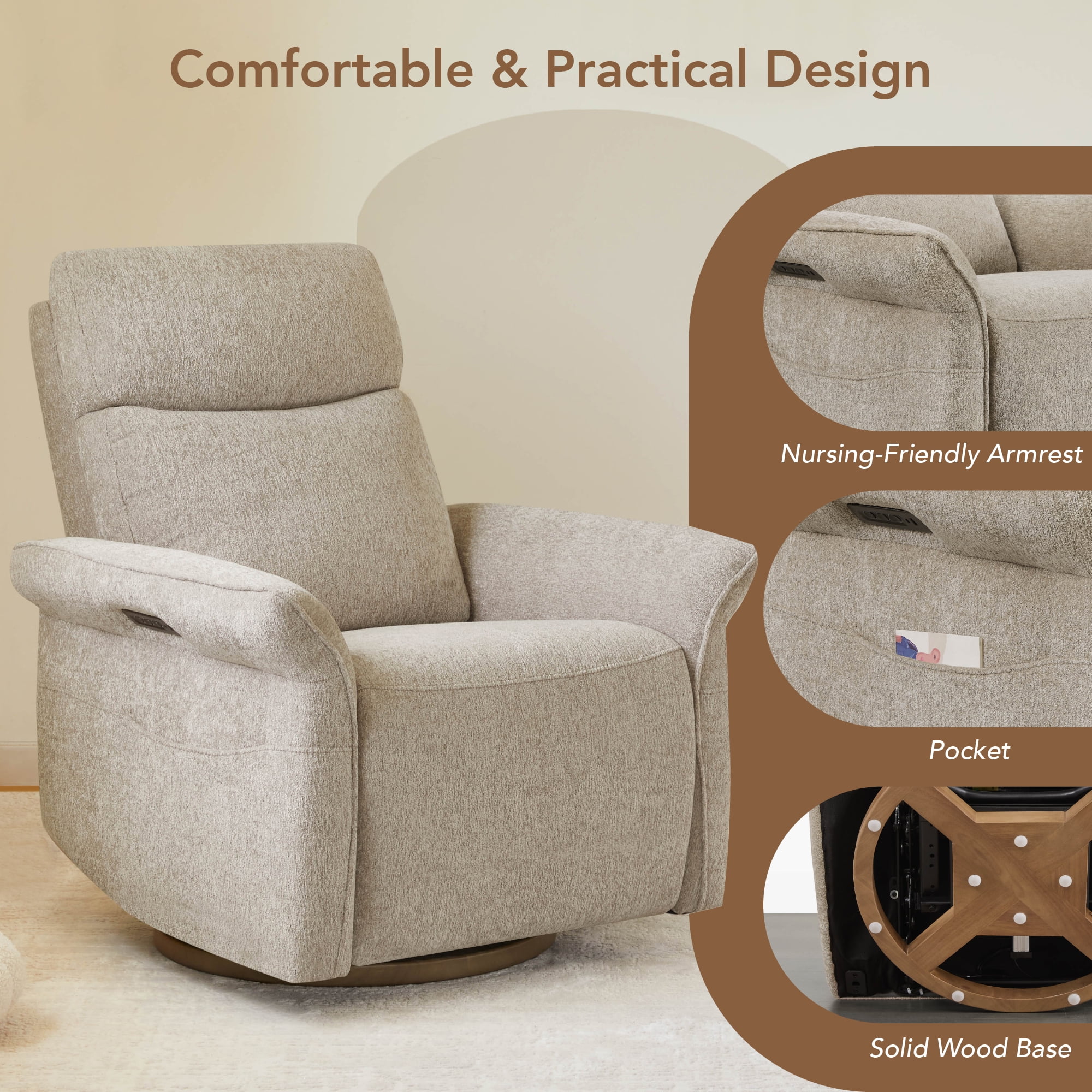 Spruce & Spring Triple Motor Power Swivel Recliner for Mothers, Taupe-Chenille