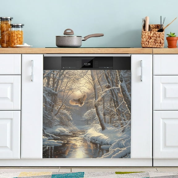 Dishwasher Magnet Cover Magnetic Fridge Door Cover Home Kitchen Decor Owl Fly in Winter Forest 23"x 26"