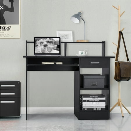 Alden Design Wooden Home Office Computer Desk with Drawers and Keyboard Tray Black