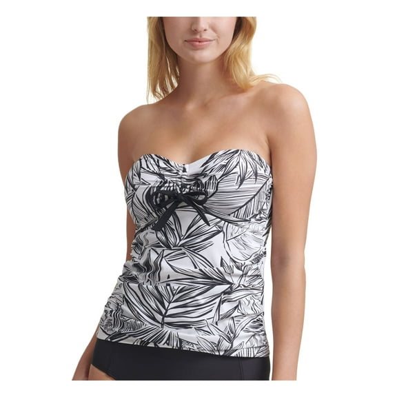 DKNY Women's White Printed Sweetheart Neck Bow-Front Convertible UV Protection Tankini Swimsuit Top S