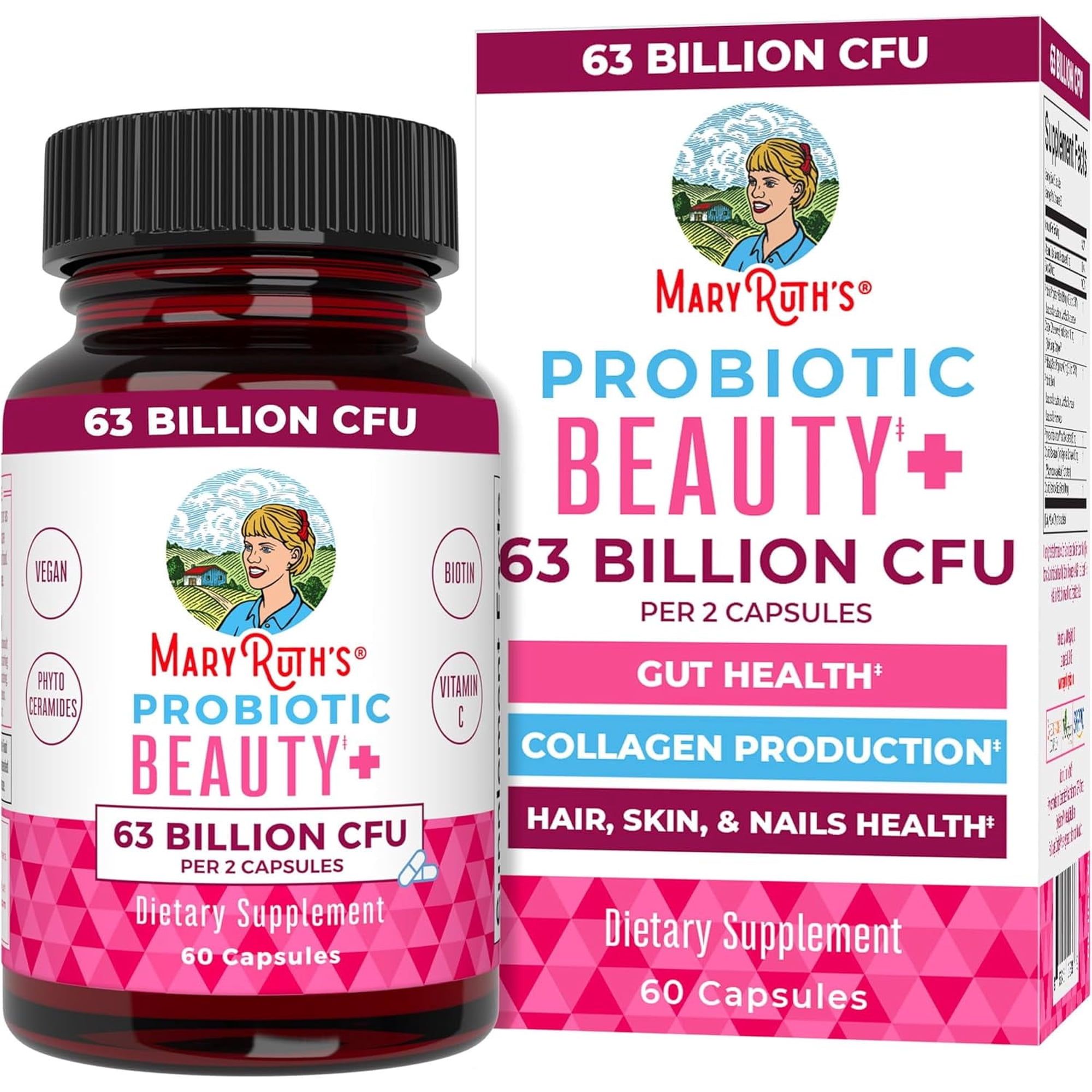 MaryRuth's Probiotic Beauty+ with Vitamin C & Biotin for Hair, Skin, Nails Support, 60 Capsules