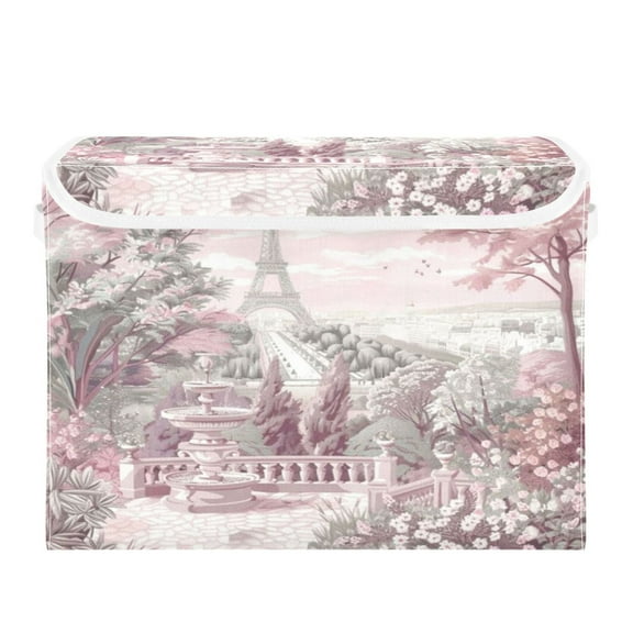 Storage Box With Lid 16.5x12.6x11.8In Foldable Stacked Household Storage Box Pink Flowers and The Eiffel Tower
