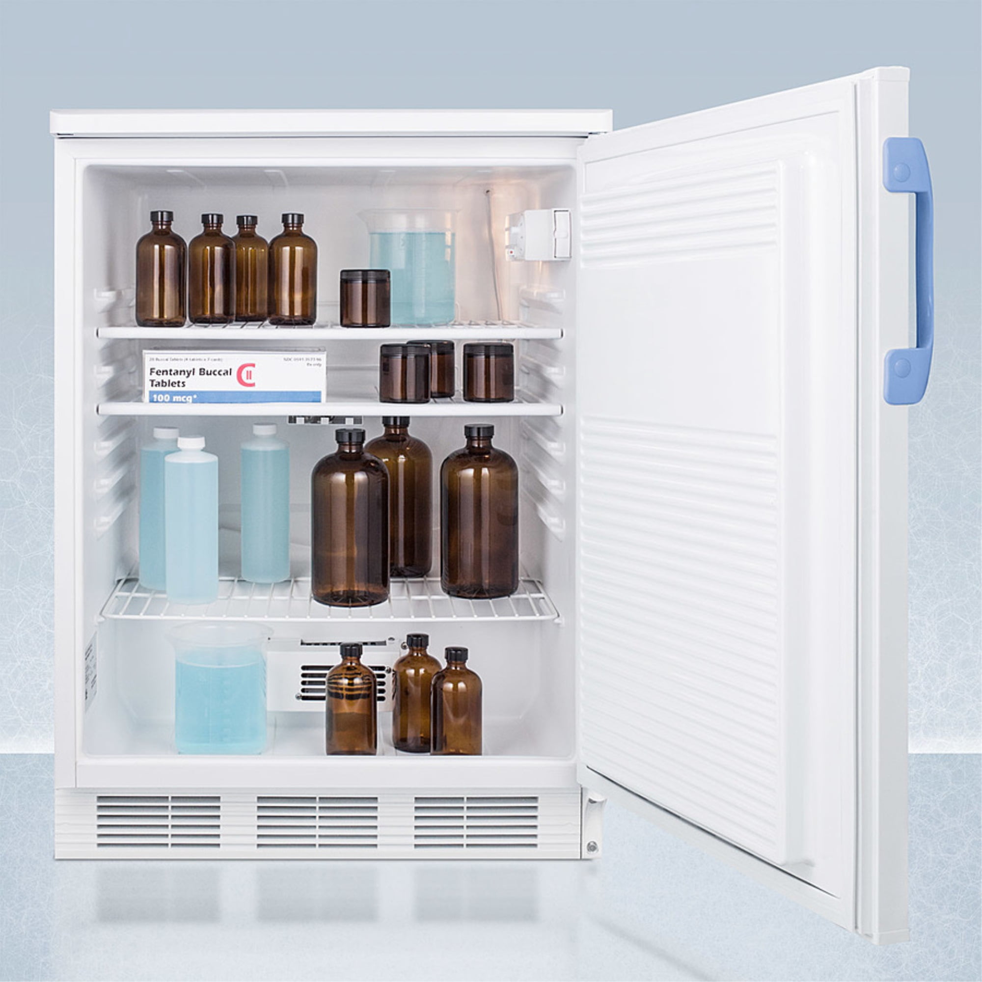 Built-in undercounter auto defrost medical/scientific all-refrigerator with front control panel equipped with a digital thermostat.