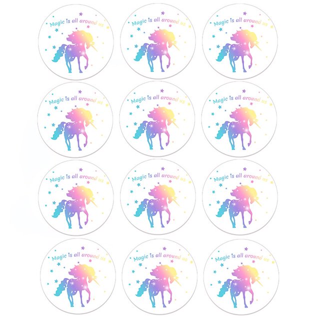 Pegatinas de unicornio para decoración de fiesta de cumpleaños de niñas, suministros de bricolaje, caja de regalo, etiqueta de botella, 24/48 Uds.