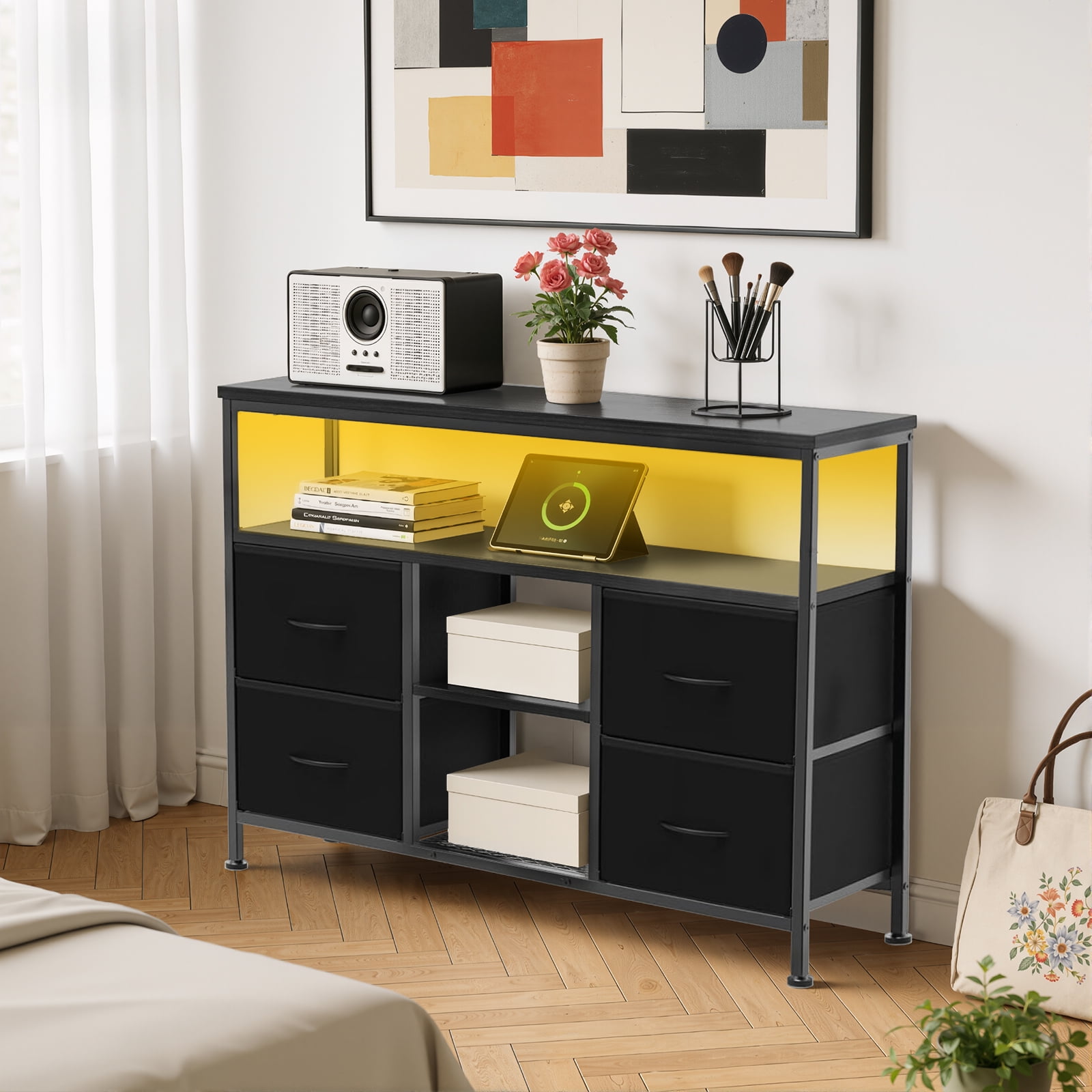 Simenmax TV Stand Dresser, Smart LED TV Stand with Charging Station, 4-Drawer Media Console for Living Room & Bedroom, Fits 50 Inch TV, Adjustable Feet, Black