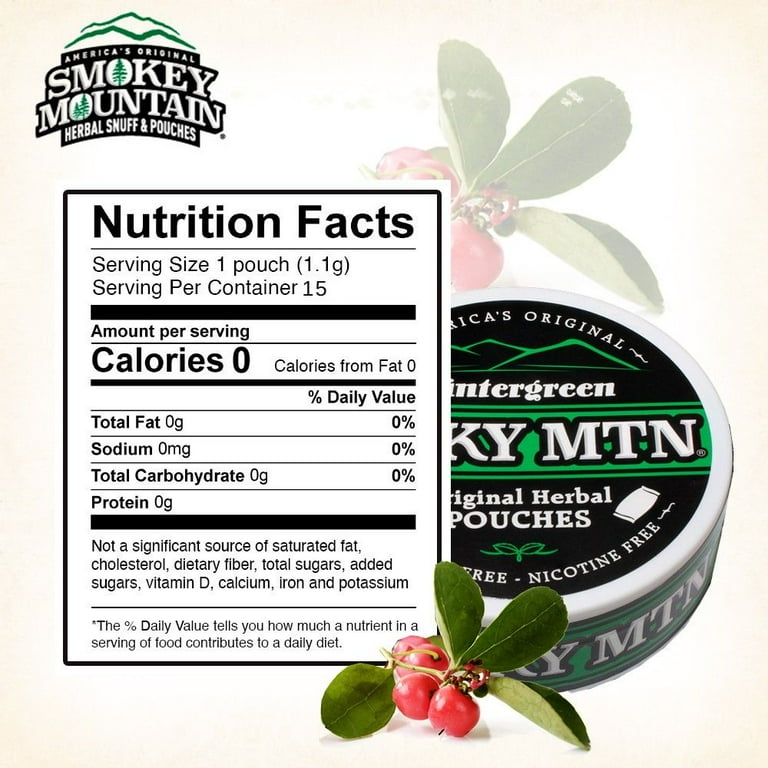 chewing tobacco nutrition facts Smokey Mountain, Herbal Pouches, Wintergreen, Tobacco-Free, Nicotine-Free,  10 Can Box