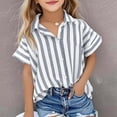 thumbnail image 2 of Glisme Girls Shirts Summer Striped Print Shirt Short Sleeve Lapel Neck Tops Lightweight Girl T-shirt Size 11-12 Years Grey, 2 of 5