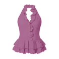 thumbnail image 6 of ClodeEU Women's Halter Neck Sleeveless Ruff Trim Peplum Blouse, Button Solid Color Tank Top for Summer Purple,Women's Plus L, 6 of 6