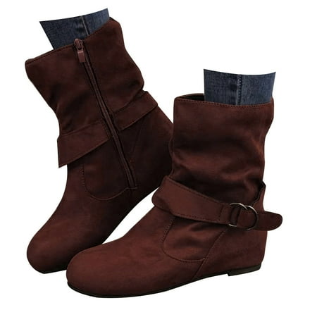 

Mepaouo Womens Low Ankle Boots Suede Slouch Buckle Riding Walking Casual Mid Calf Booties(Brown 8.5)