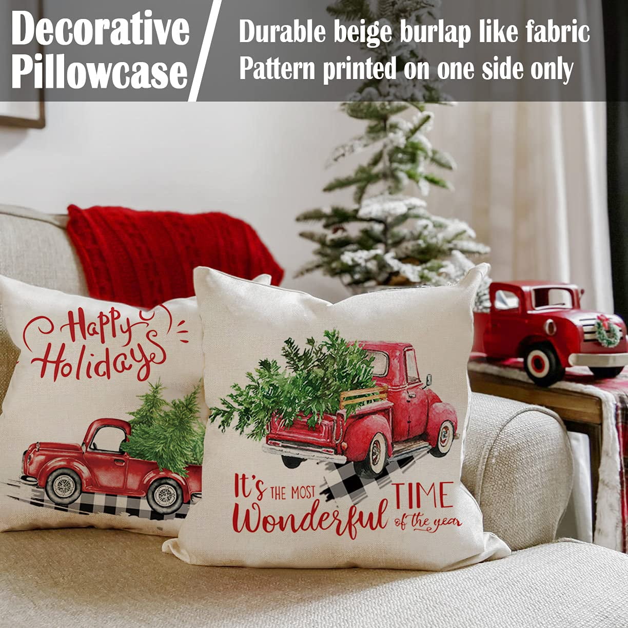 CARRIE HOME Red Truck Christmas Decor Outdoor Christmas Throw Pillow Covers 18x18 for Home Car Office Set of 2 Walmart