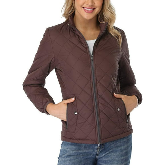 Fashnice Ladies Quilted Jackets Long Sleeve Coat Zip Up Outerwear Thermal Work Coats Coffee L