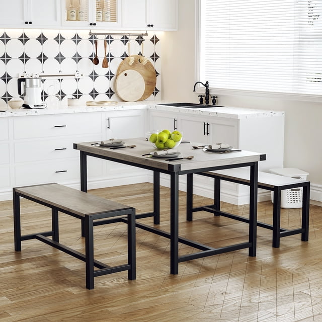 Jotoa 3-piece Industrial Dining Table Bench Set for 4, Space-Saving Rectangular Kitchen Table Set, Modern Dinette Table Set with Metal Legs for Small Spaces, Apartments