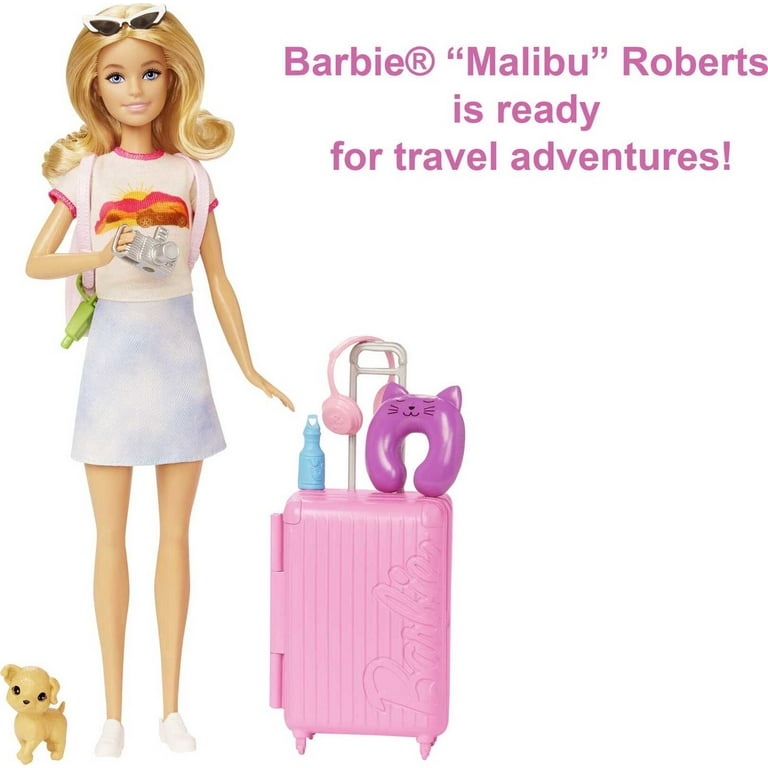 Barbie Doll and Accessories, 'Malibu' Travel Set with Puppy and 10+ Pieces  Including Working Suitcase 