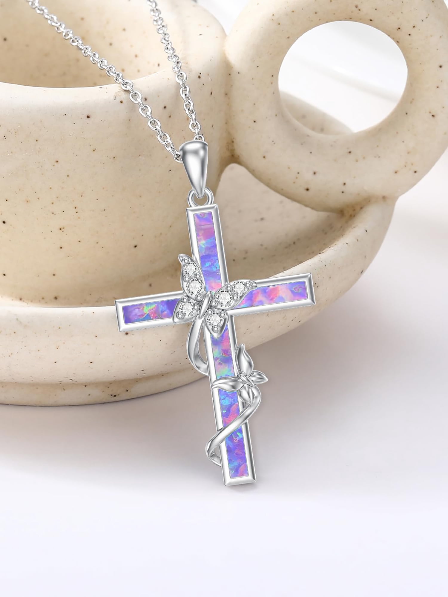 WINNICACA Cross Necklace for Women 925 Sterling Silver Butterfly Pendant Necklace Purple Opal Jewelry  Birthday Anniversary Mothers Day Gifts for Women