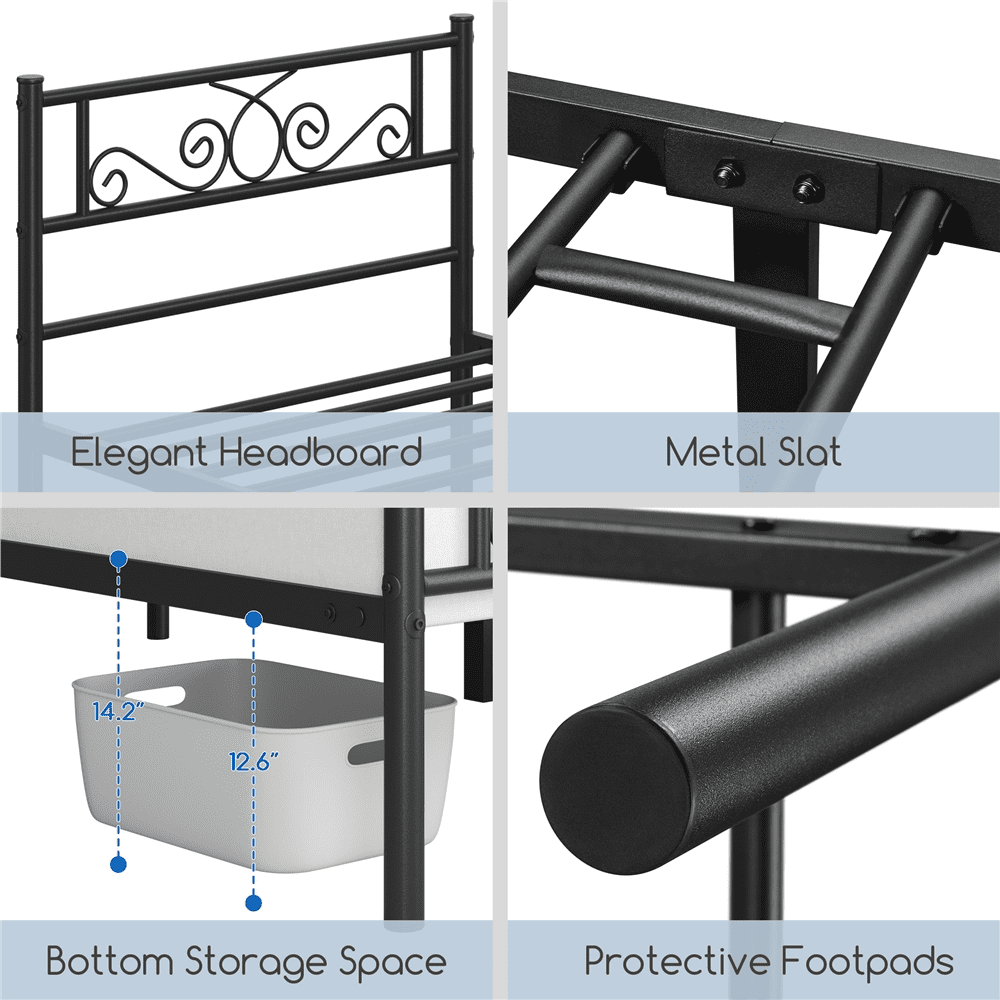 Fullfurnique Metal Platform Bed Frame with Scroll Headboard and Footboard, Queen, Black