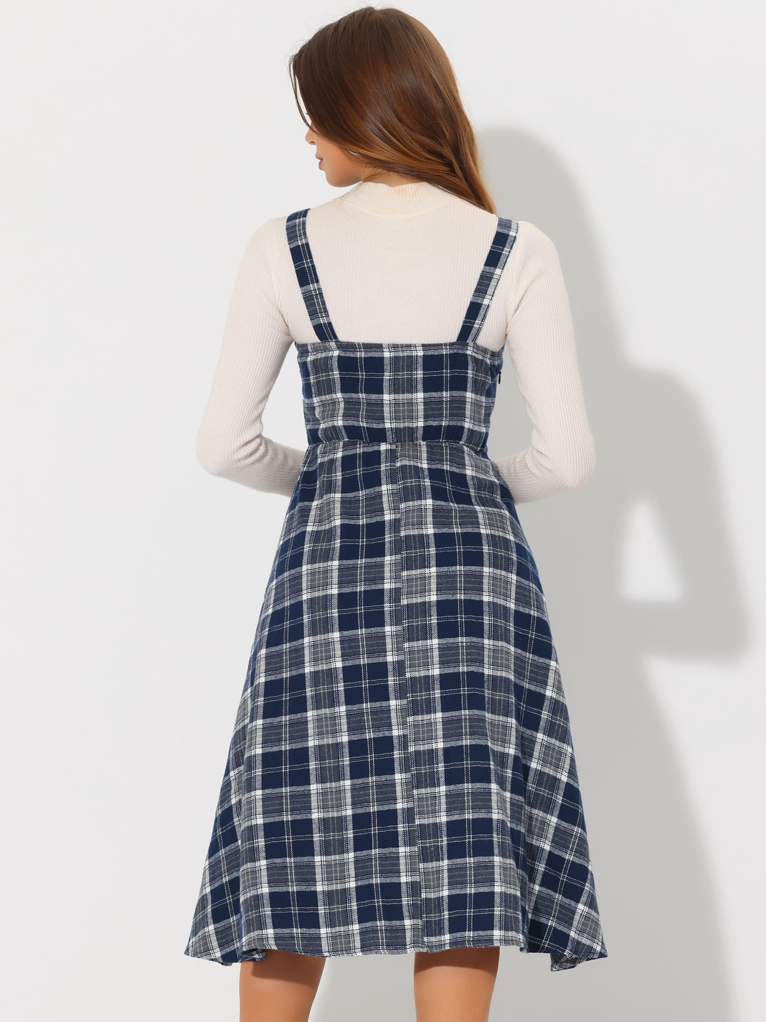 DARING DIVA Plaid Overalls Vintage Sleeveless A-Line Pinafore Dress XS Dark Blue