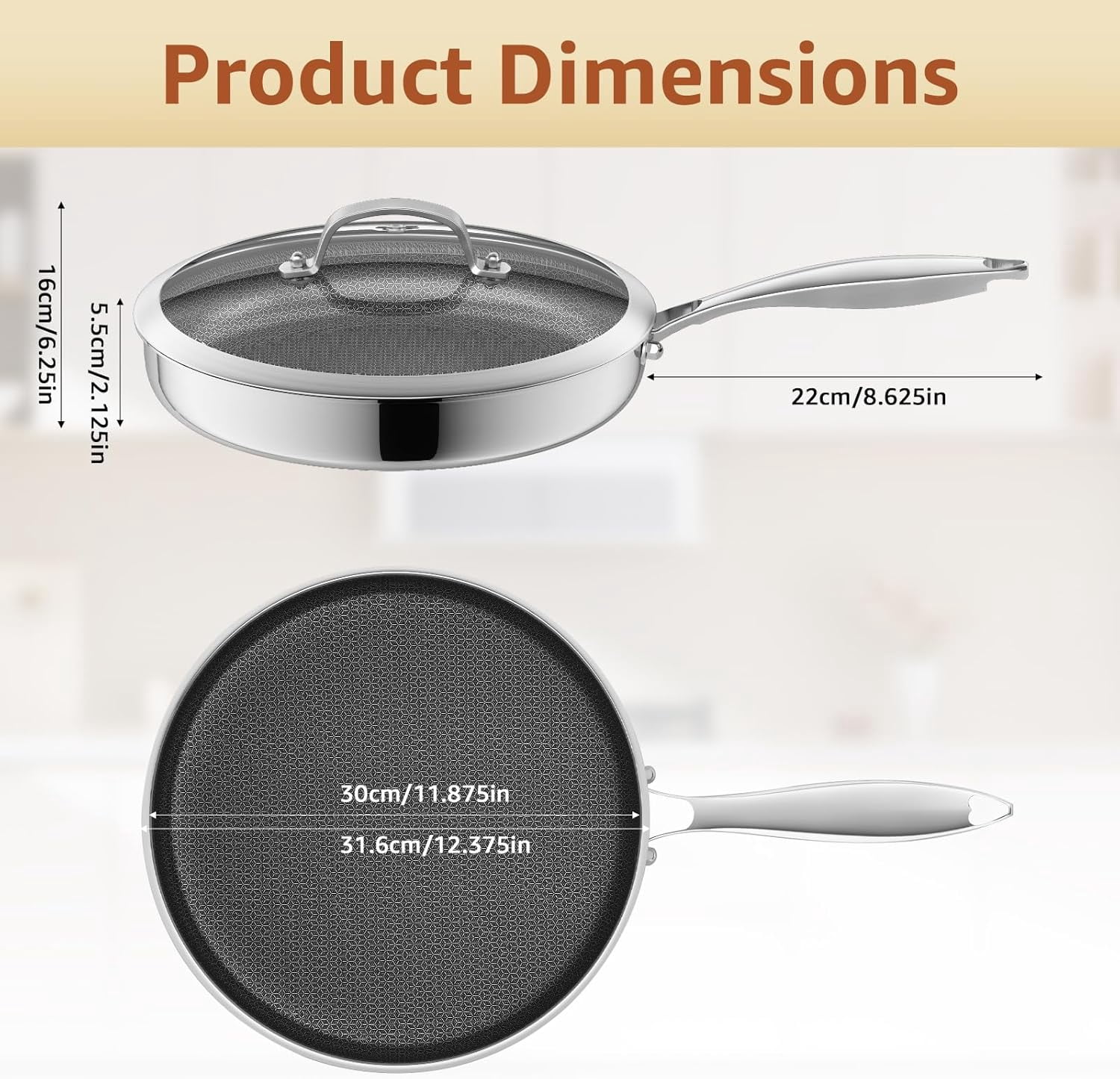 LOLYKITCH Tri-Ply Hybrid Non-Stick Frying Pan with Lid,12 inch Skillet,Induction Cooking Pan,Dishwasher and Oven Safe,Detachable Handle.