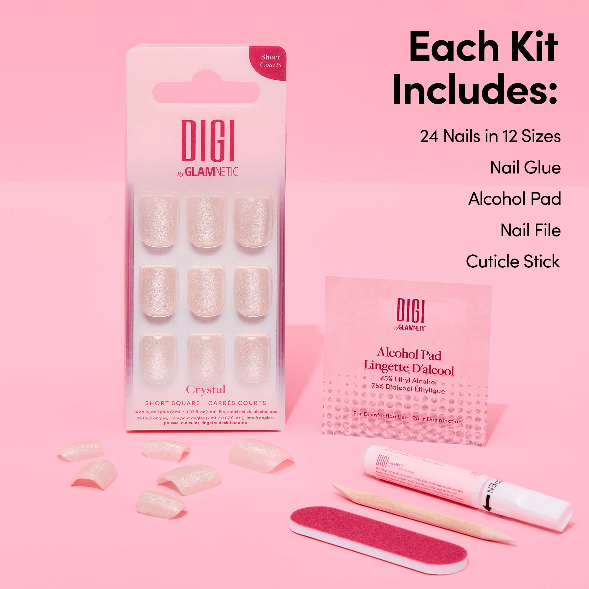 DIGI by Glamnetic Short Square Artificial Press-on Nails, Crystal, 24 Pieces